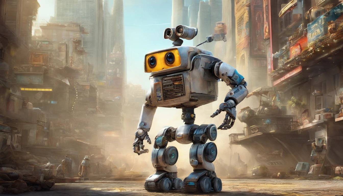 wide vision, ultra realista, altamente detalhado, pintura digital, arte conceitual, suave, foco nítido, tiro grande angular , Wall-E , babysitter, cute , with a cute , There is a cute robot standing in the future city play with a cute baby, which is a very cute robot, cute elaborate epic robot, beautiful robot character design, Kid Robot, Portrait of a futuristic robot, robotic mixed with organic, Future Robot, humanoid character, concept robot, White Robot, robot concept art, Steampunk Robot ,wall-E, masterpiece,extreme detailed,top quality