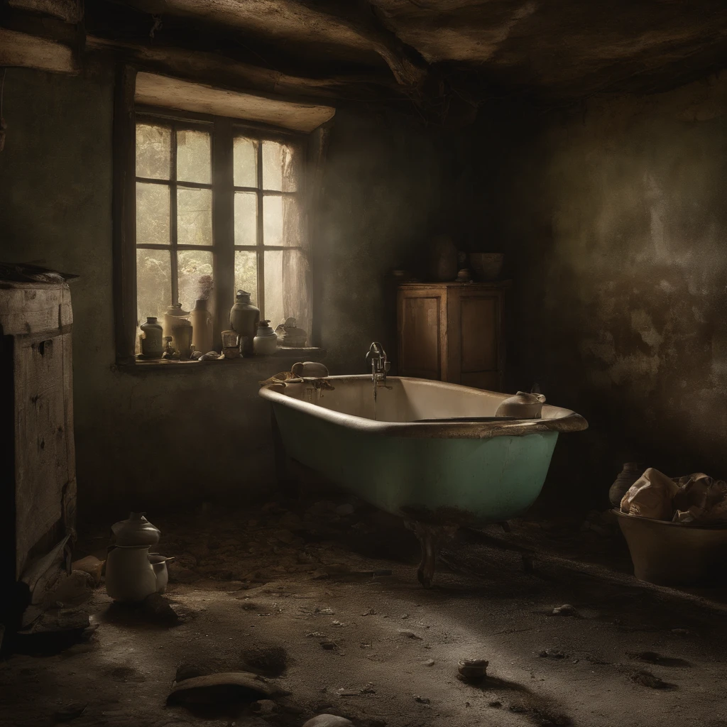 A disaster that emits evil miasma, curses, and strong grudges々Old altar、Dirty old bathroom walls, peeling of tiles and cracks,、Polluted turbid stream flowing through the floor littered with rotting dead aquatic life, Food waste, feces, vomiting, And rotten seafood、Fat Japan woman in her 20s、With a look of anguish on his face, he opens his mouth wide and spits out rotten milk.