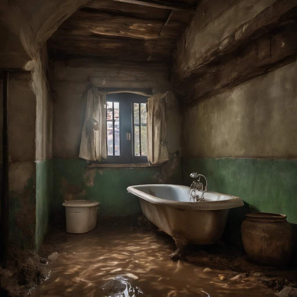 A disaster that emits evil miasma, curses, and strong grudges々Old altar、Dirty old bathroom walls, peeling of tiles and cracks,、Polluted turbid stream flowing through the floor littered with rotting dead aquatic life, Food waste, feces, vomiting, And rotten seafood、Fat Japan woman in her 20s、With a look of anguish on his face, he opens his mouth wide and spits out rotten milk.