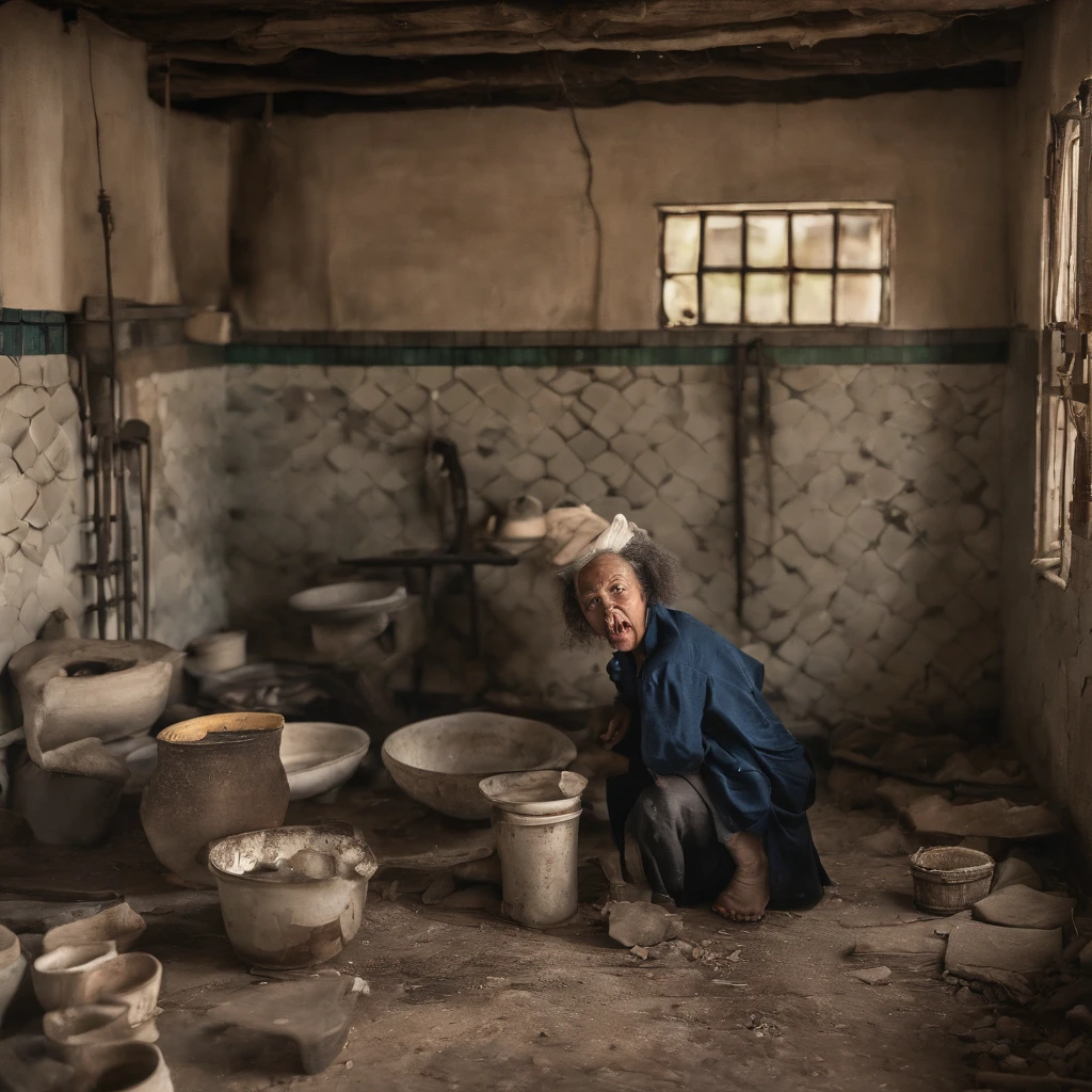 A disaster that emits evil miasma, curses, and strong grudges々Old altar、Dirty old bathroom walls, peeling of tiles and cracks,、Polluted turbid stream flowing through the floor littered with rotting dead aquatic life, Food waste, feces, vomiting, And rotten seafood、Fat Japan woman in her 20s、With a look of anguish on his face, he opens his mouth wide and spits out rotten milk.