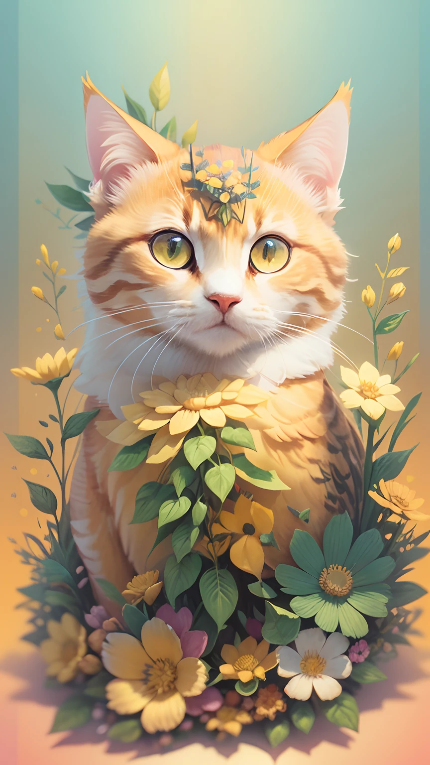 A detailed illustration of a print of a colorful yellow gold male calico cat, fantasy flowers splash, vintage t-shirt design, in the style of Studio Ghibli, light paper cut yellow pastel gold tetradic colors, 3D vector art, cute and quirky, fantasy art, watercolor effect, bokeh, Adobe Illustrator, hand-drawn, digital painting, low-poly, soft lighting, bird's-eye view, isometric style, retro aesthetic, focused on the character, 4K resolution, photorealistic rendering, using Cinema 4D