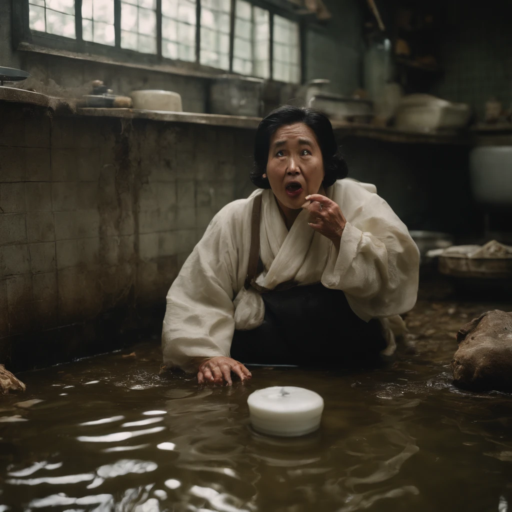 A disaster that emits evil miasma, curses, and strong grudges々Old altar、Dirty old bathroom walls, peeling of tiles and cracks,、Polluted turbid stream flowing through the floor littered with rotting dead aquatic life, Food waste, feces, vomiting, And rotten seafood、Fat Japan woman in her 20s、With a look of anguish on his face, he opens his mouth wide and spits out rotten milk.