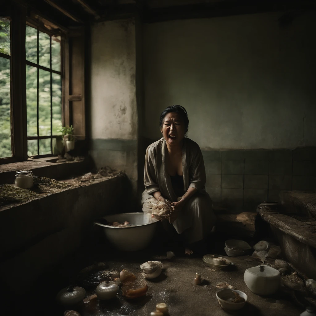 A disaster that emits evil miasma, curses, and strong grudges々Old altar、Dirty old bathroom walls, peeling of tiles and cracks,、Polluted turbid stream flowing through the floor littered with rotting dead aquatic life, Food waste, feces, vomiting, And rotten seafood、Fat Japan woman in her 20s、With a look of anguish on his face, he opens his mouth wide and spits out rotten milk.