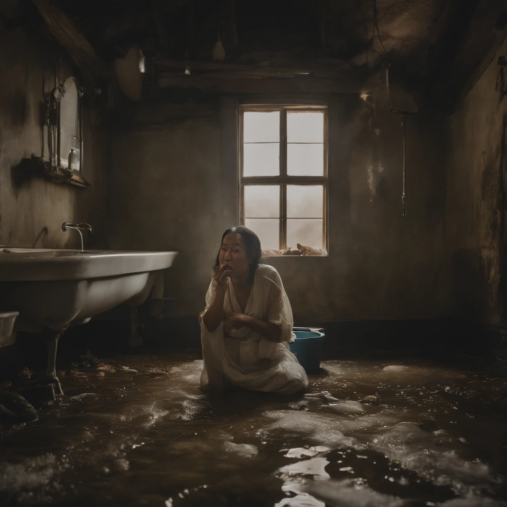 A disaster that emits evil miasma, curses, and strong grudges々Old altar、Dirty old bathroom walls, peeling of tiles and cracks,、Polluted turbid stream flowing through the floor littered with rotting dead aquatic life, Food waste, feces, vomiting, And rotten seafood、Fat Japan woman in her 20s、With a look of anguish on his face, he opens his mouth wide and spits out rotten milk.