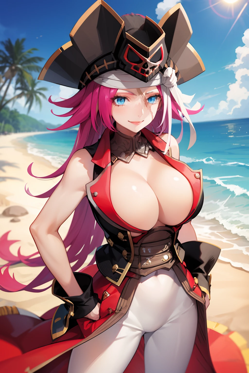 1girl, fdstg2, scar, blue eyes, pirate hat, sleeveless coat, cleavage, large breasts, long hair, pink hair, red coat, smile, beach background, sand, blue sky, sun