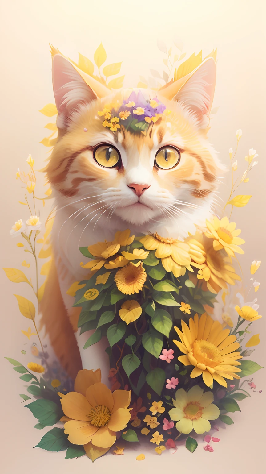 A detailed illustration of a print of a colorful yellow gold male calico cat, fantasy flowers splash, vintage t-shirt design, in the style of Studio Ghibli, light paper cut yellow pastel gold tetradic colors, 3D vector art, cute and quirky, fantasy art, watercolor effect, bokeh, Adobe Illustrator, hand-drawn, digital painting, low-poly, soft lighting, bird's-eye view, isometric style, retro aesthetic, focused on the character, 4K resolution, photorealistic rendering, using Cinema 4D