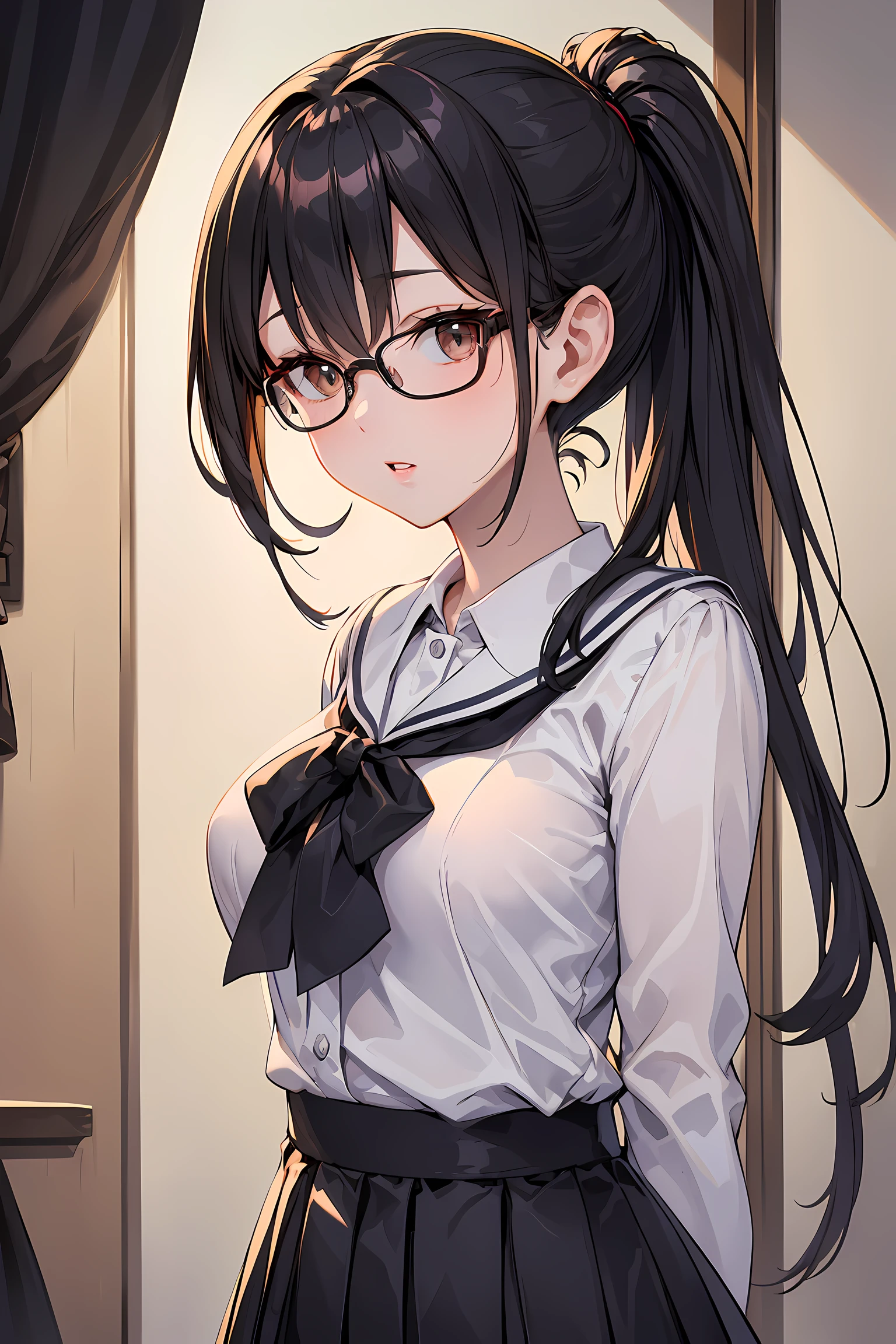 ultra-detailliert, Best Quality, High resolution, ((A cute  with black hair and a big face.))、Pretty eyes、Detailed eye depiction、Eye sparkle、Sareme、Looking at Viewer, pale skin、(((Petite))), 　（a sailor suit）、(flat chest), (big glasses), (blush:1.2), （big eye：1.5）, Shy smile, NSFW,　in class room, Focus on the face, Long hair with braids,　((facial close-up))、front view