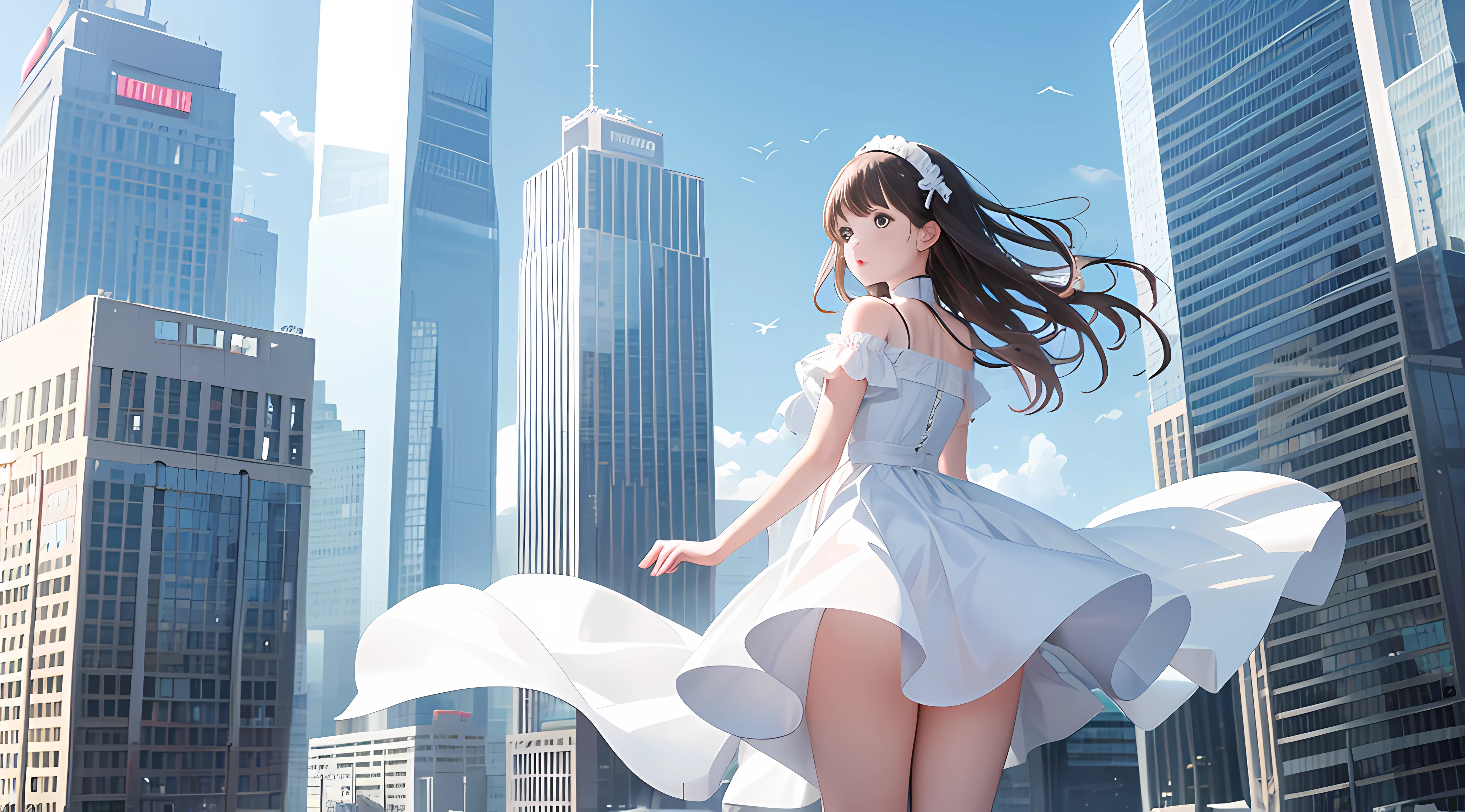 Girl in white dress,Head down,Jump,skyscraper background,