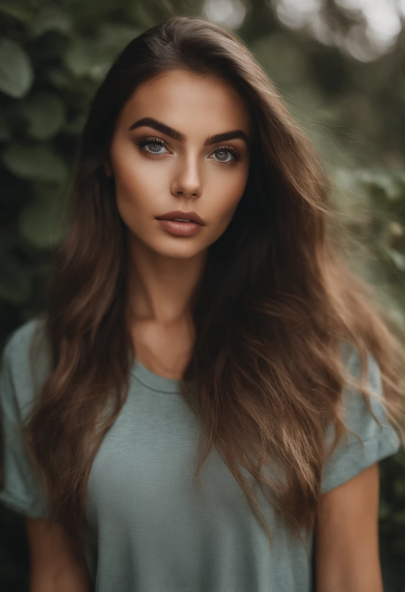 Arafed Mujer con una camiseta blanca sin mangas y un collar, Chica sexy con ojos verdes, Retrato Sophie Mudd, brown hair and large eyes, selfie de una mujer joven, Ojos del dormitorio, Violeta Myers, sin maquillaje, Maquillaje natural, staring directly into camera, cara con artgram, maquillaje sutil, Impresionante foto de cuerpo completo, penetrantes ojos verdes