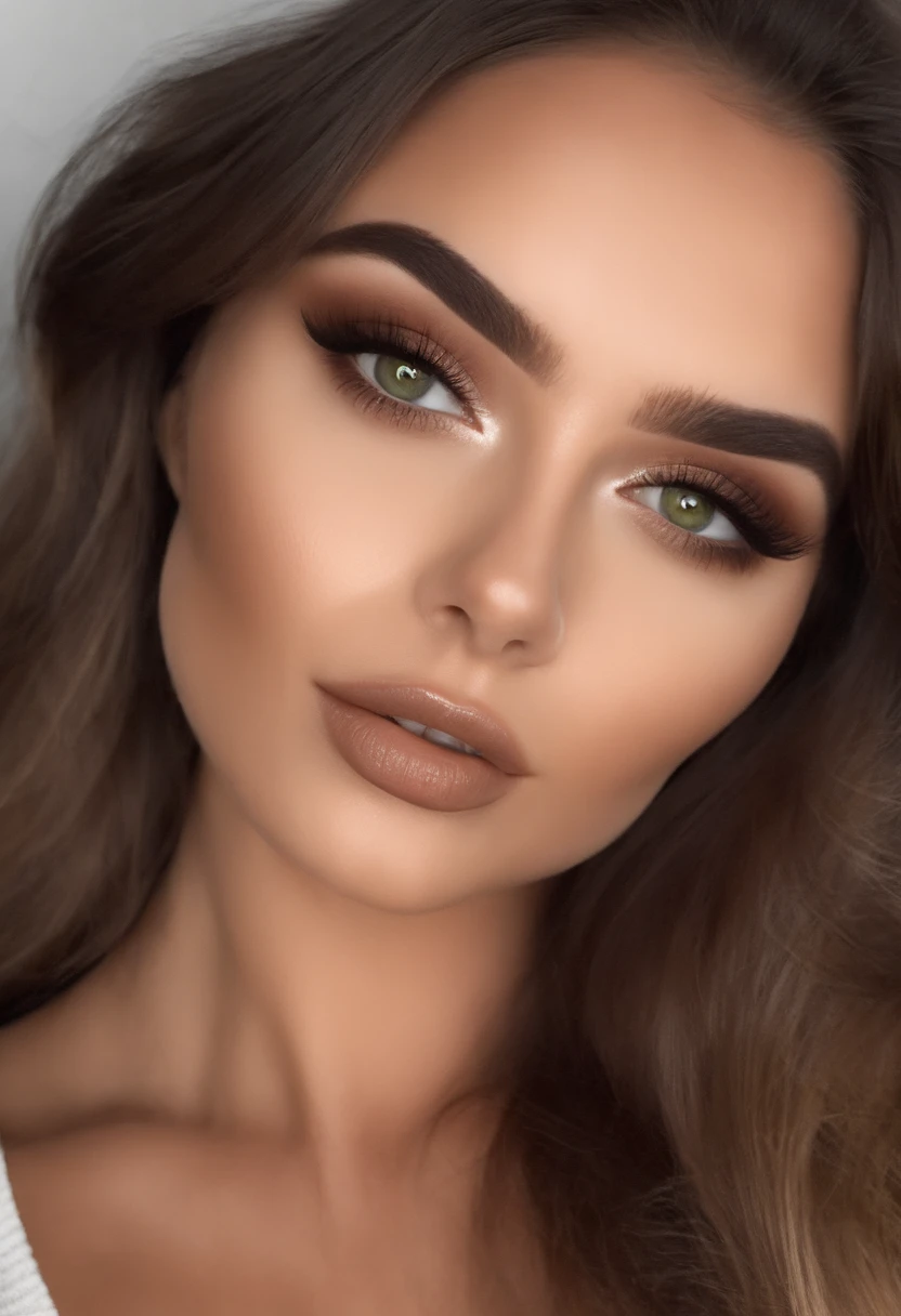 Arafed Mujer con una camiseta blanca sin mangas y un collar, Chica sexy con ojos verdes, Retrato Sophie Mudd, brown hair and large eyes, selfie de una mujer joven, Ojos del dormitorio, Violeta Myers, sin maquillaje, Maquillaje natural, staring directly into camera, cara con artgram, maquillaje sutil, Impresionante foto de cuerpo completo, penetrantes ojos verdes