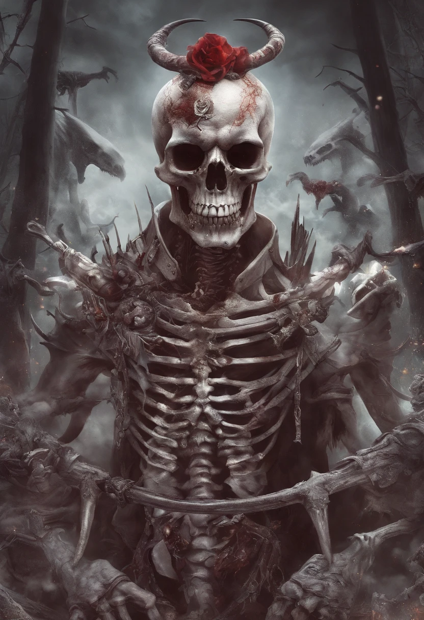 devil horns,Claws,battleaxe,Spooky environment,dentes pontiagudos,Berserker,full bodyesbian,Powerful aura,A strong sense of oppression,incredibly detailed,Red-eyed skeleton,The flames of hell are raging,Skeleton Legion,Ultra photo realsisim
