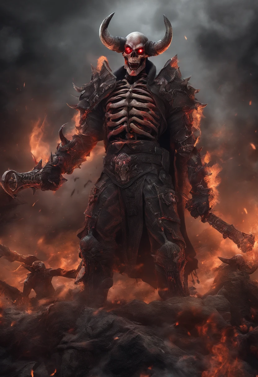 Very scary undead man in place of pumpkin head and flaming skull inside with human body in nightmarish armor and dark flying energy UHD, textured skin, super detail, high details, high quality,
