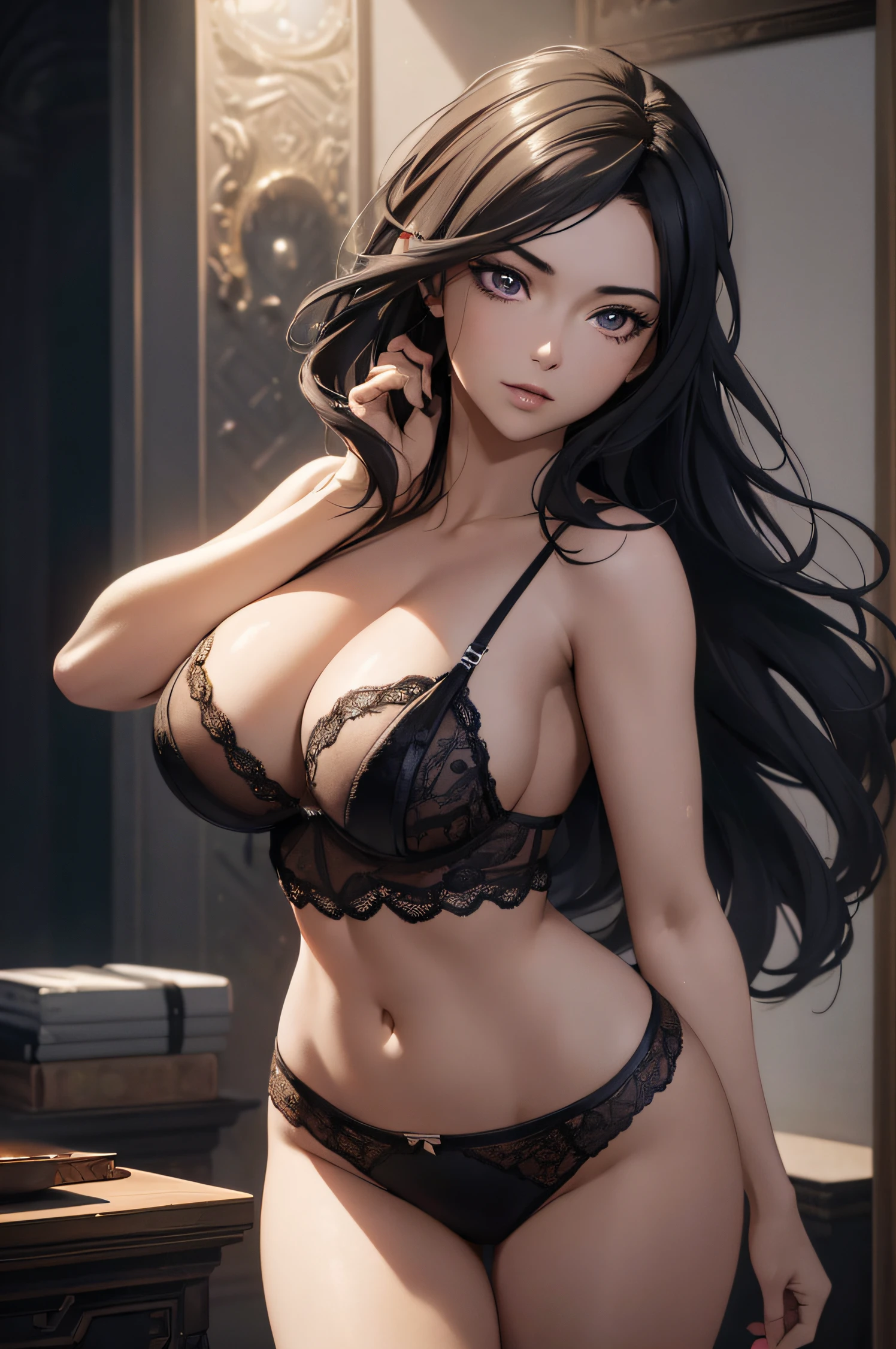 A woman wearing lingerie, sleeveless, long hair, dynamic pose, 3d, (8k), detailed texture,(hyperdetailed), (photo realistic), cinematic light, cinematic action, highly detailed, realistic, Isometric, full body, in frame, driven expression, dark theme, (extremely detailed eyes), detailed symmetric realistic face, extremely detailed natural texture, masterpiece, extremely detailed, amazing, fine detail, rich colors, hyper realistic lifelike texture, dramatic lighting, unreal engine, trending on art station, photo realistic, RAW photo, high quality, high res, sharp focus, extremely detailed, cinematic lighting, 8k, high definition, cinematic, neoprene, unreal engine 5, ultra sharp focus