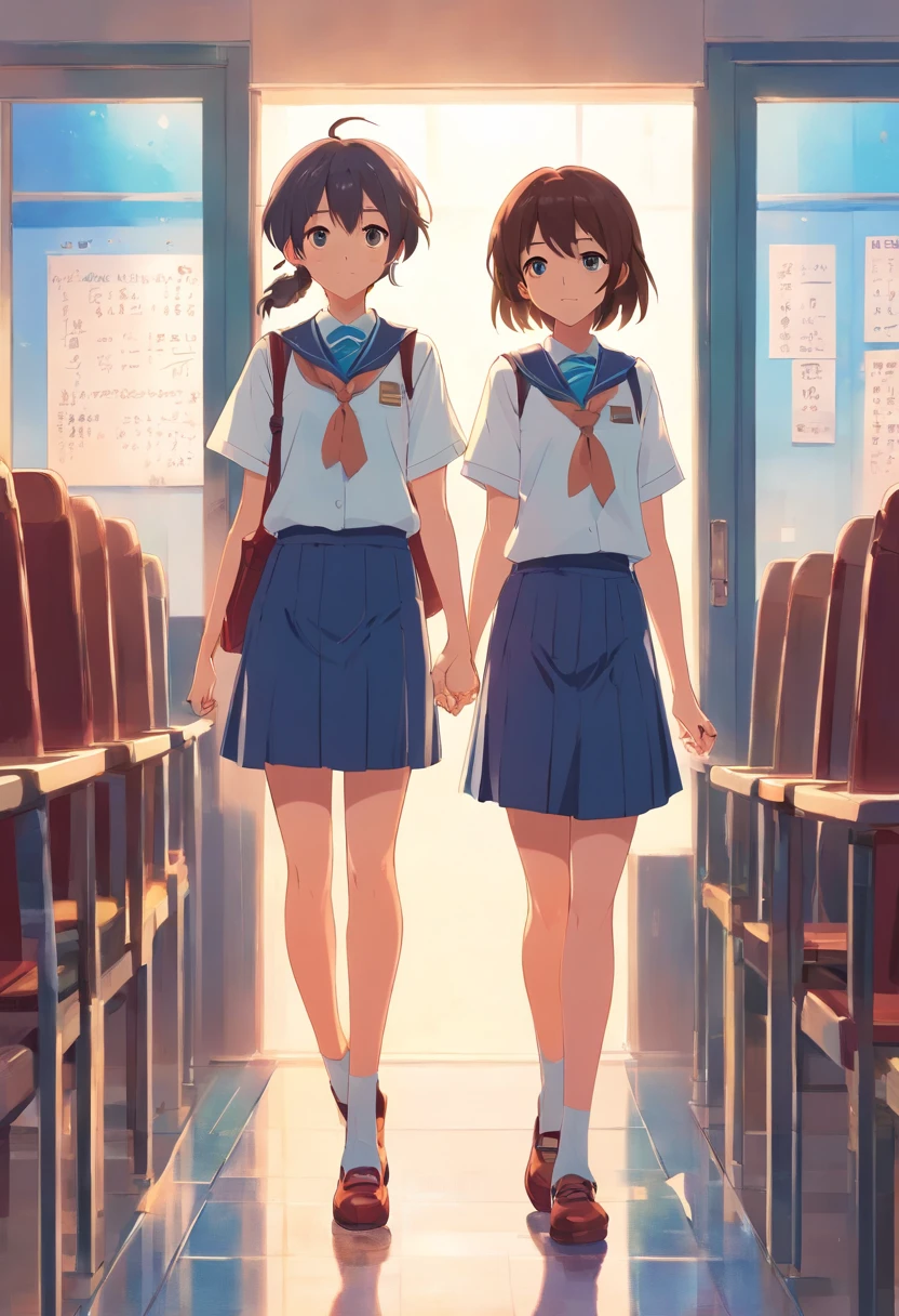 (Artwork), girls in school clothes, exceptional quality, detailed Japanese anime illustration, elegant visuals in soft tones, fun, colorful and animated characters.
