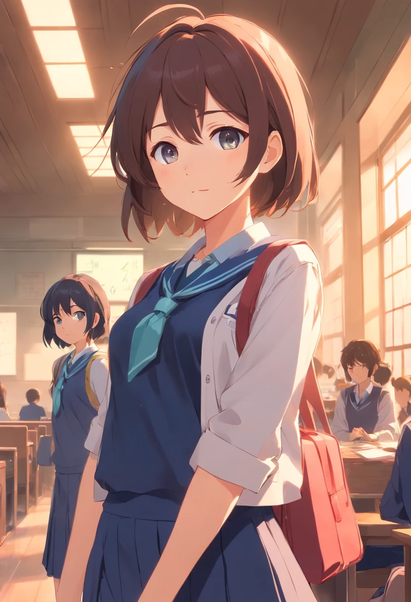 (Artwork), girls in school clothes, exceptional quality, detailed Japanese anime illustration, elegant visuals in soft tones, fun, colorful and animated characters.