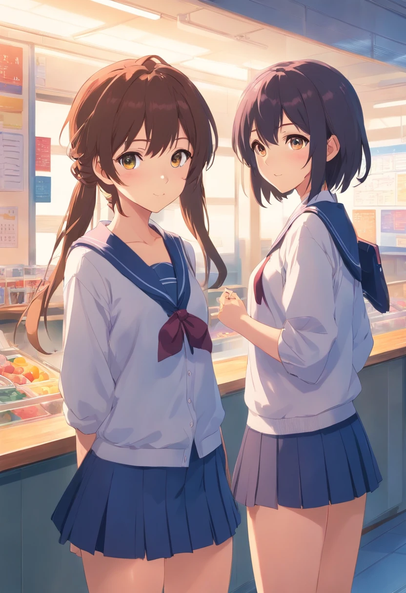 (Artwork), girls in school clothes, exceptional quality, detailed Japanese anime illustration, elegant visuals in soft tones, fun, colorful and animated characters.