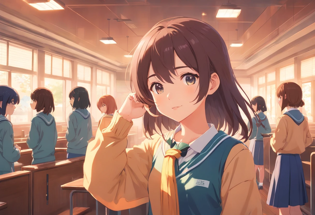 (Artwork), girls in school clothes, exceptional quality, detailed Japanese anime illustration, elegant visuals in soft tones, fun, colorful and animated characters.