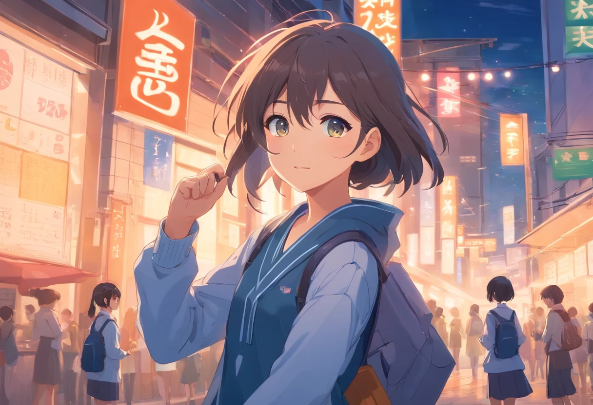 (Artwork), girls in school clothes, exceptional quality, detailed Japanese anime illustration, elegant visuals in soft tones, fun, colorful and animated characters.
