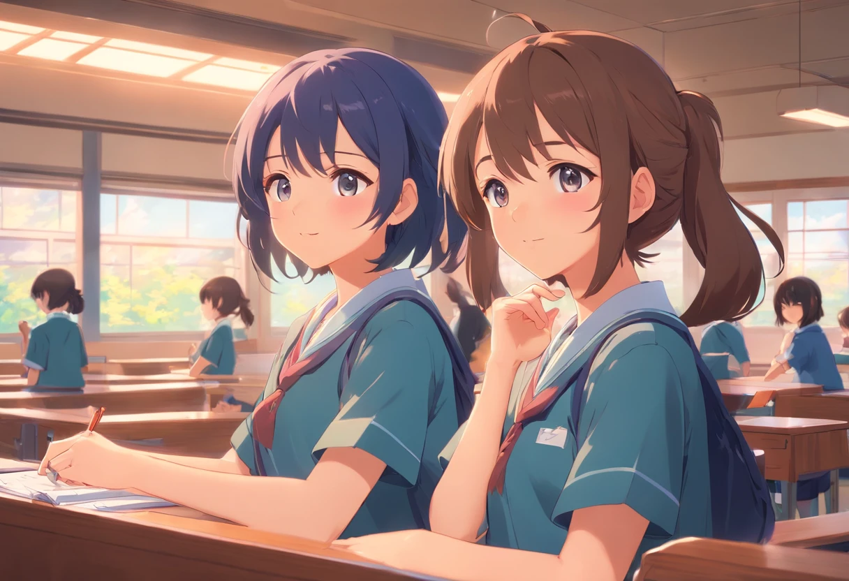 (Artwork), girls in school clothes, exceptional quality, detailed Japanese anime illustration, elegant visuals in soft tones, fun, colorful and animated characters.