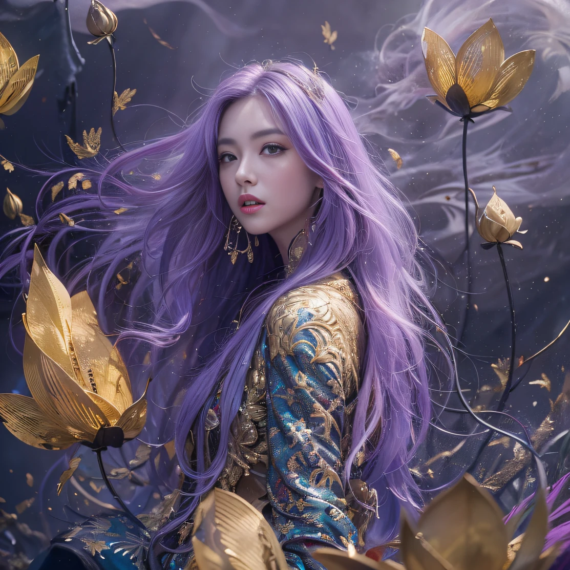 Genki Girl 32K(tmasterpiece,k hd,hyper HD,32K)Long flowing bright purple hair,Autumn Pond,zydink, a color, Proud of the Continent (The astronaut), (Black and gold scarf), Combat posture, looking at the ground, long whitr hair, Floating bright purple, Fire cloud pattern gold tiara, Chinese long-sleeved gold silk garment, (Abstract metaverse splash:1.2), white backgrounid,Lotus vitality protector(realisticlying:1.4),Bright purple hair,Smoke on the road,The background is pure, A high resolution, the detail, RAW photogr, Sharp Re, Nikon D850 Film Stock Photo by Jefferies Lee 4 Kodak Portra 400 Camera F1.6 shots, Rich colors, ultra-realistic vivid textures, Dramatic lighting, Unreal Engine Art Station Trend, cinestir 800,A girl with long flowing bright purple hair