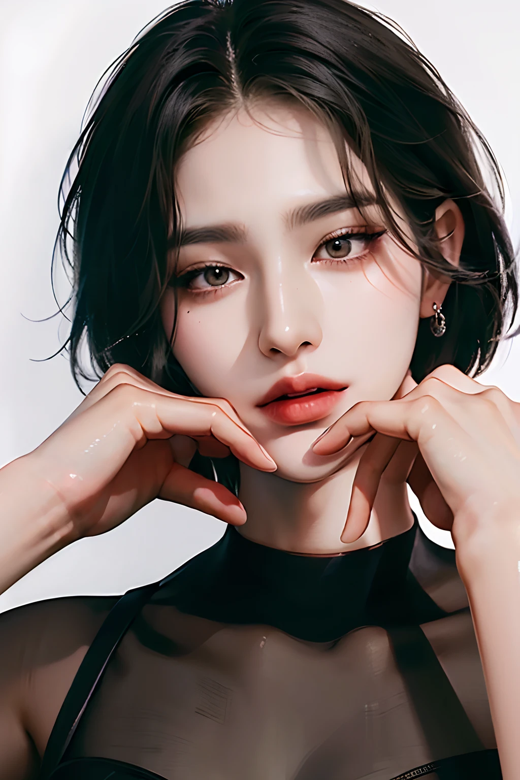 ((black hair)),((badgirl)),((ulzzang)),((beauty)),((1girl)),((sensuality eyes)),((female)),((wolf cut hairstyle)),((center)),((8k resolution)),((perfect hands)),((model)),((pose)),((sony A7 Mark 3)),((lens 50mm)),((white studio)),((variation hair)),((croptop swater)),((perfect v shape head)),((closeup)),((professional light studio)),((handpose)),((perfect hands))