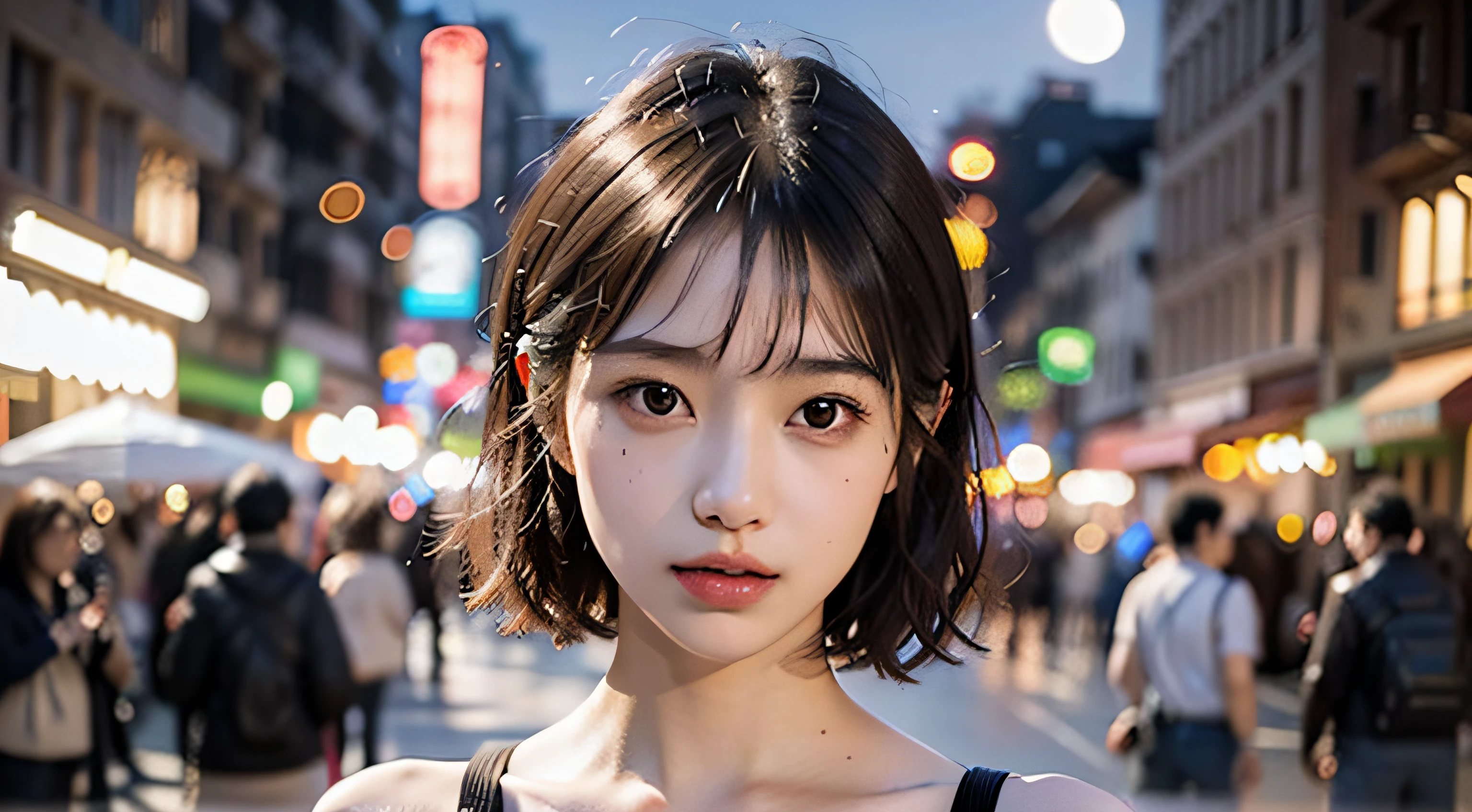 (half - body shot,streetlights,Moon),masutepiece, 1girl in, solo exhibition, Beautiful woman on a bustling street, Surrounded by peddlers, Portrait of a beautiful goddess girl, beautiful and detailed face, Porcelain Skin, (((bustshot, Center, Night, Black hair, Short hair)), Ultra-soft lighting, symmetry, Complexity, Elegance, high detailing, Realism, Art Book, Concept art,