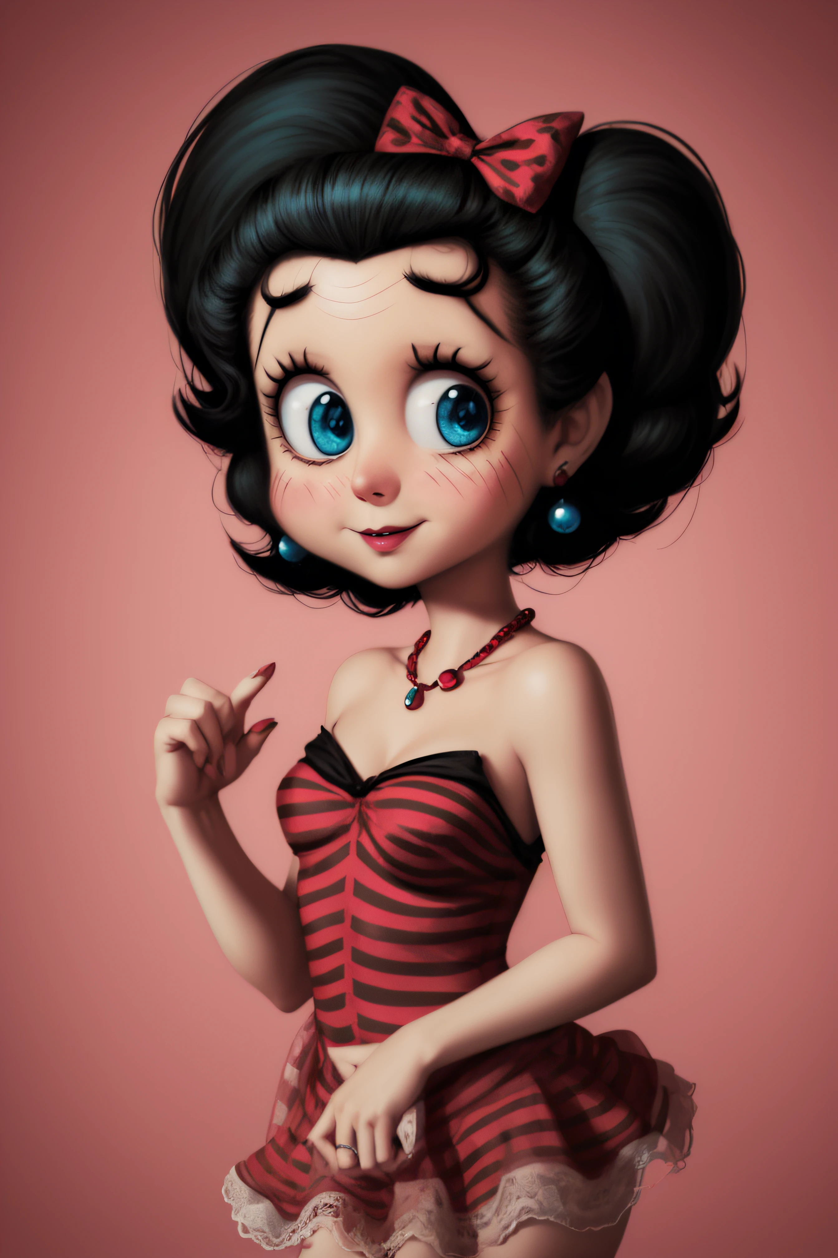 (Betty Boop),((retrato centrado: 1girl))expresion timida, estilo pixar,vector art, Somber, Negativo, torcido, weird, (ojos grandes, super detallados), (((desnuda))), Pero Tim Burton