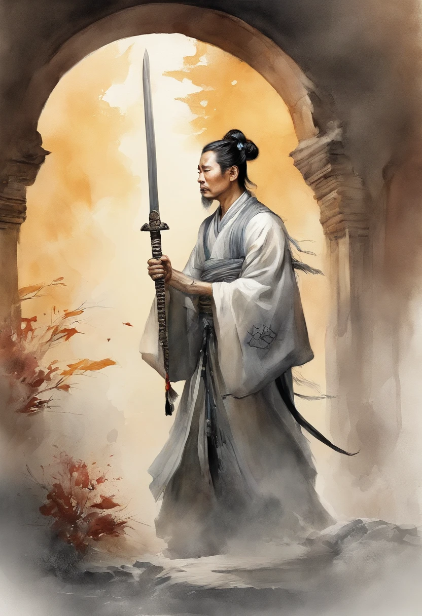 Chinese ink style,ink,Smudge,Young Taoist,One hand holds a sword behind him,Sword Tip asked。,Cultivate into an immortal,Fairy Wind Bone Road,Tai Chi totem background,long and flowing hair,Wide robe,8K,super-fine