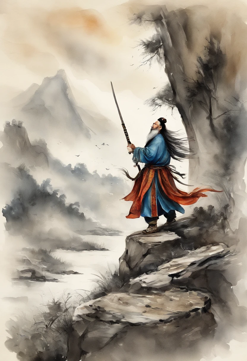 Chinese ink style，ink，Smudge，Young Taoist，One hand holds a sword behind him，Sword Tip asked。，Cultivate into an immortal，Fairy Wind Bone Road，Tai Chi totem background，long and flowing hair，Wide robe，8K，super-fine