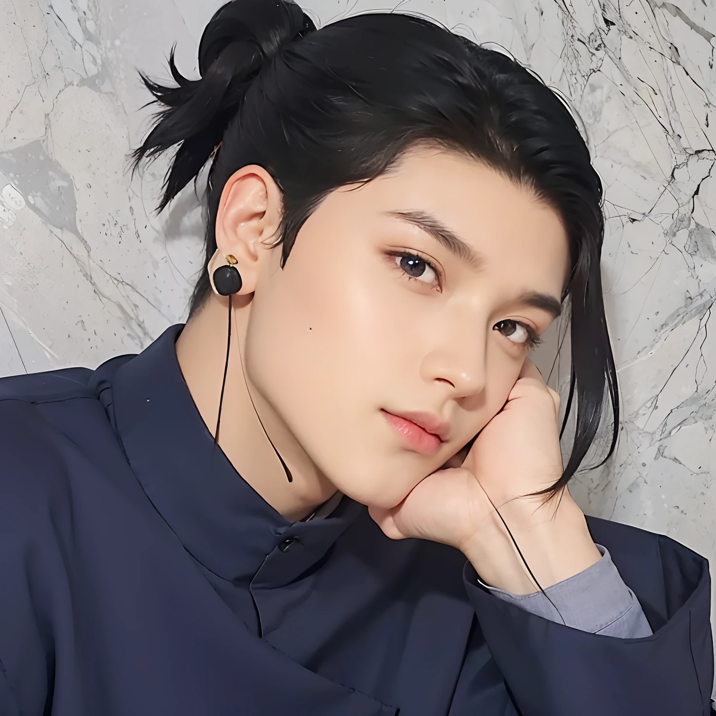 Real life adaption of this character, handsome face,realistic outfit,detailed eyes,realistic black hair,realistic background,hyper realistic,realism,realistic light, realistic shadow,(photorealistic:1.2), looking to viewer,wearing black earing