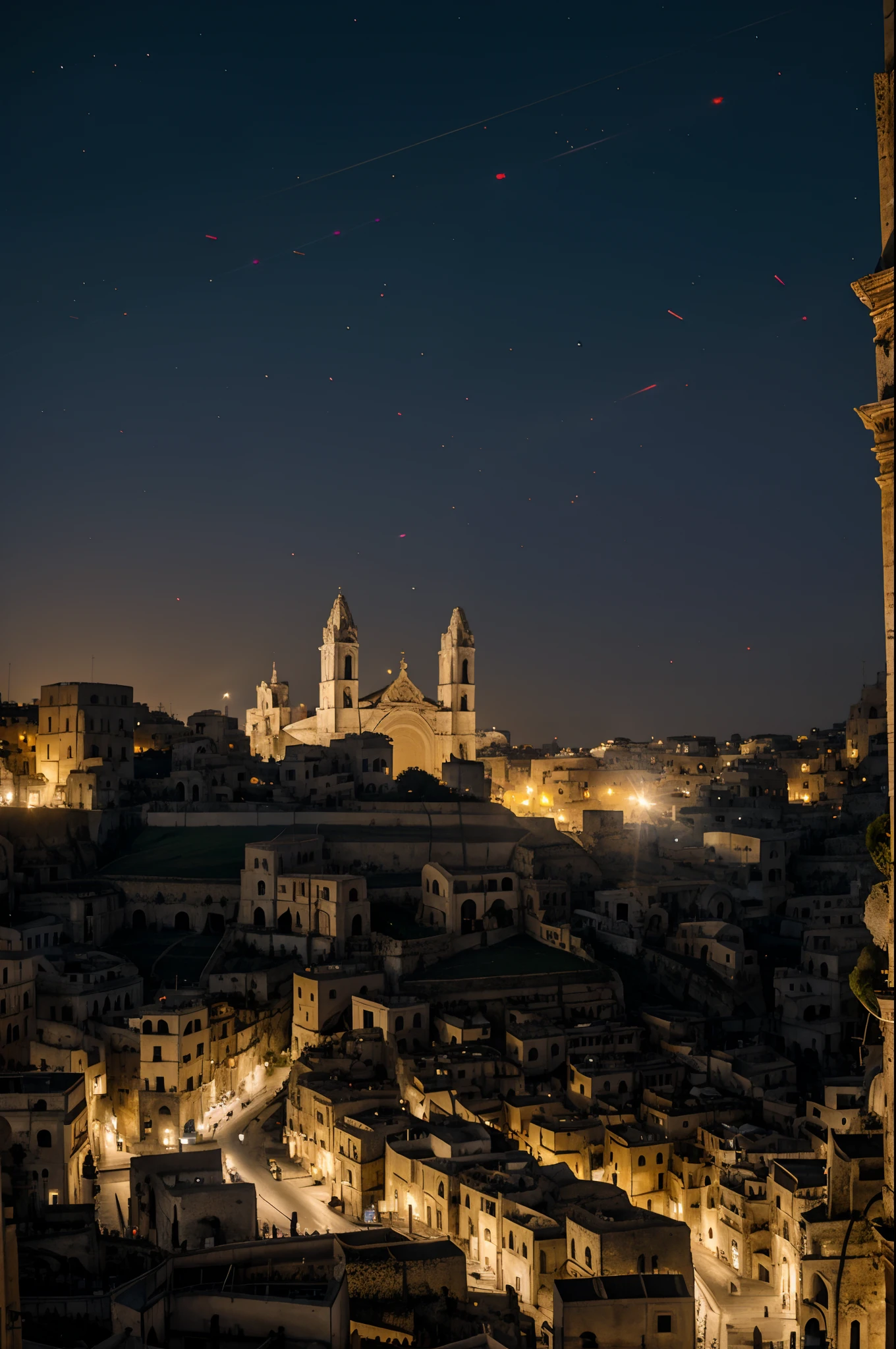 Cathedral of Matera, crepuscular particle lights from street lights during the night, high details, Tyndall effect