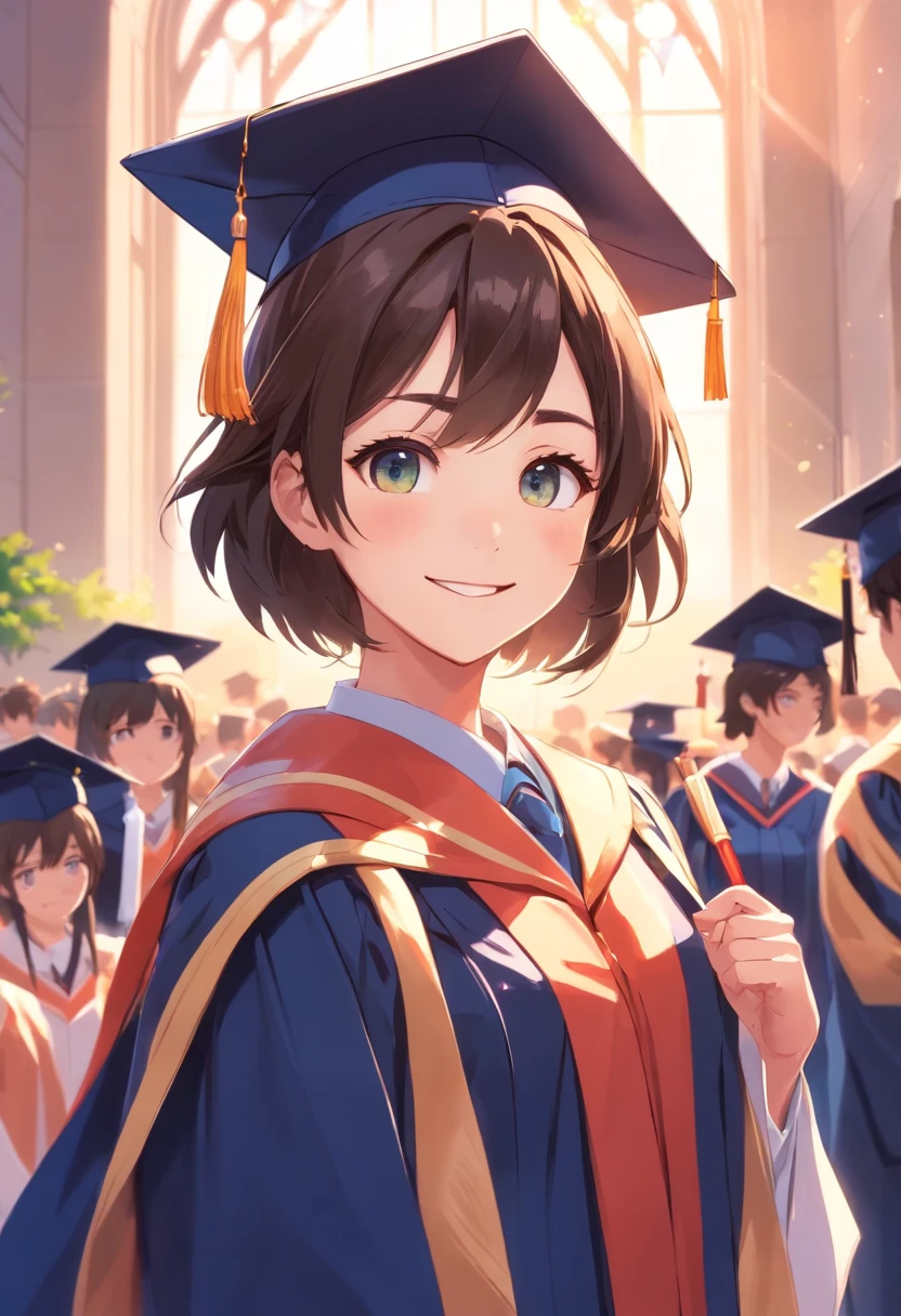 1 girl, university student, graduate, convocation ceremony, wearing academic dress, wearing graduation clothes, smiling to viewer, standing in front of the university, happy