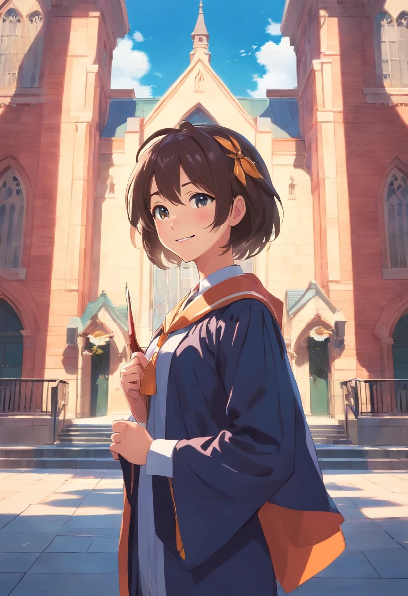 1 girl, university student, graduate, convocation ceremony, wearing academic dress, wearing graduation clothes, smiling to viewer, standing in front of the university, happy