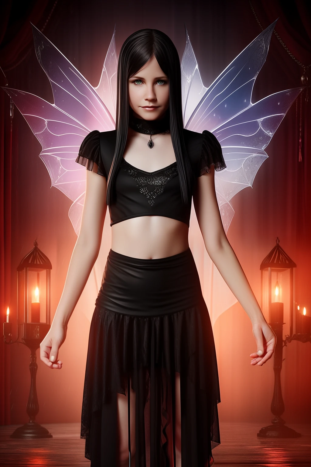 sweating, Wet, wet. a beautiful preteen fairy goth Christina Applegate, symmetrical, 8k, 2d render, ((full body)) (tween model, 17 years old, young)), ethereal beautiful, slim, petite,