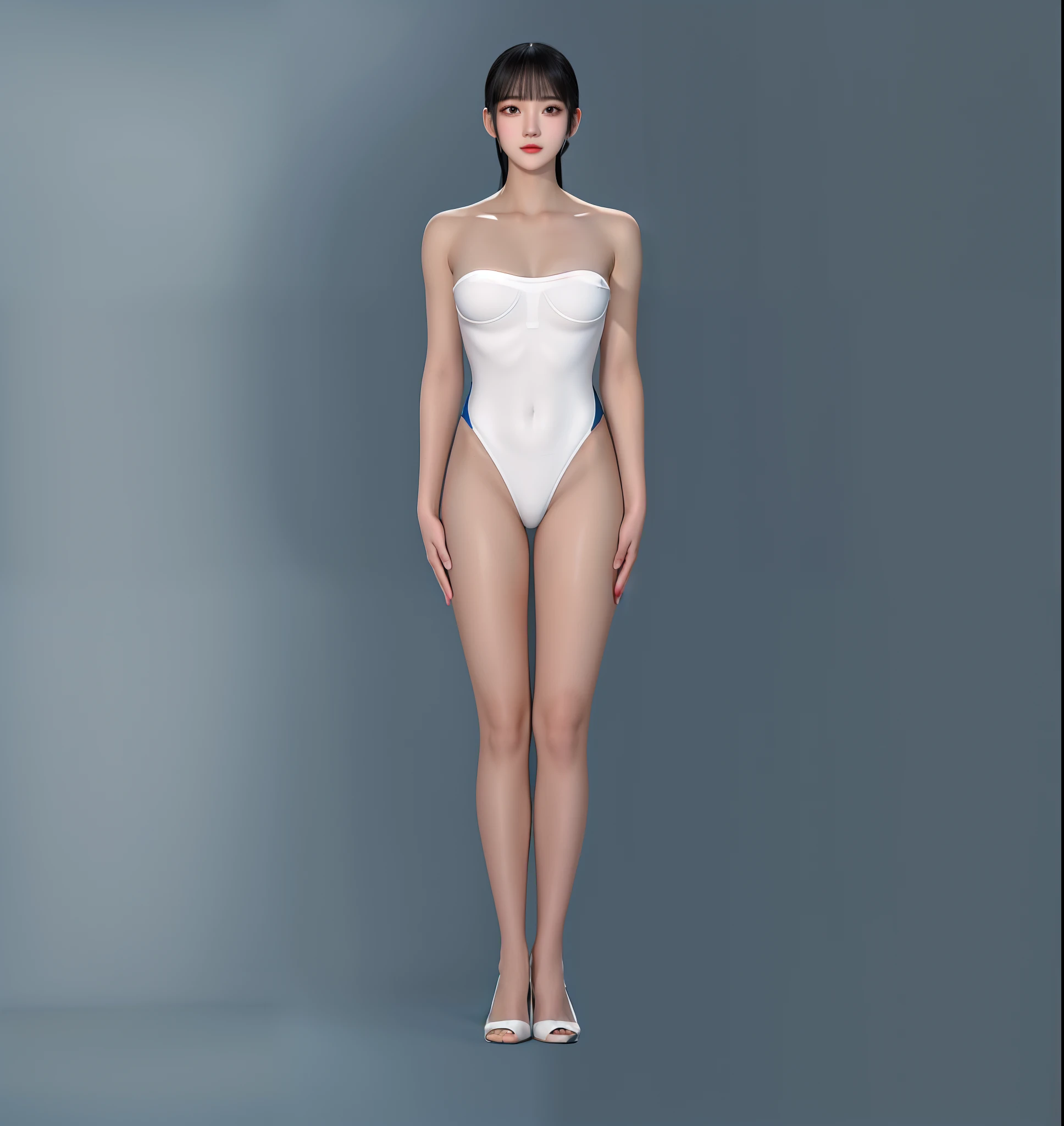 Against a white background，A tall and beautiful Chinese girl，with fair skin，pony tails，Qi bangs，Wear one-piece swimsuits and heels in a variety of colors，Stand up straight，Stand upright，Symmetrical distribution，Ray traching