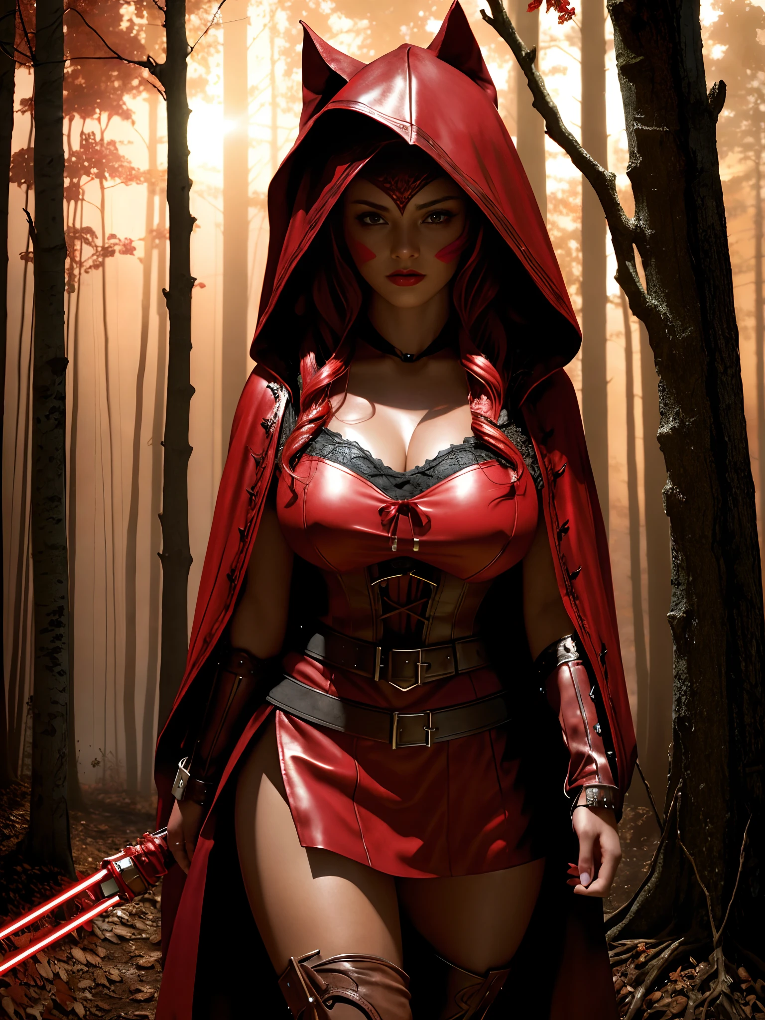 extremely beautiful red riding hood, subtle makeup, golden hour, photorealistic, high contrast, 8k HD, detailed, hyper-detailed, realistic skin texture, covered with red hood, big breast, best quality, ultra high res, raw photo, dramatic lighting, unreal engine, diffuse glow, intricate red hood, outdoor, realistic detailed dark forest, holding light saber