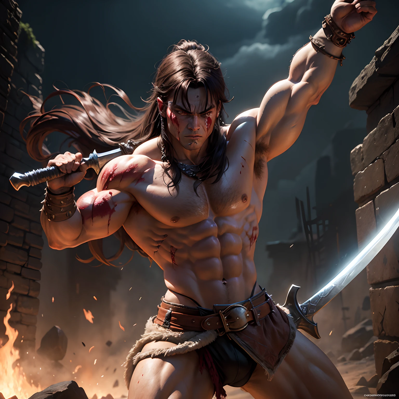 Conan-style barbarian ultra details with sword in hand standing looking at me bloodied in battle