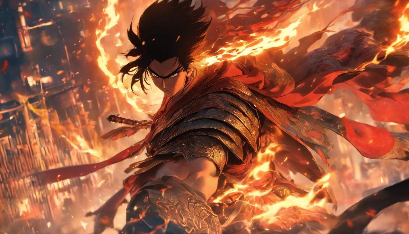 中景 the scene is,Chinese ink style,Smudge, 1 handsome boy, Black hair, Red glowing eyes, Crazy smile, wielding a sword,Dark,Flowing and chic,Ancient armor,Combat boots,(Full body like:1.5),Chang'an Avenue,ventania,8K,((super-fine)),Hyper-realistic,(((OC renderer)))