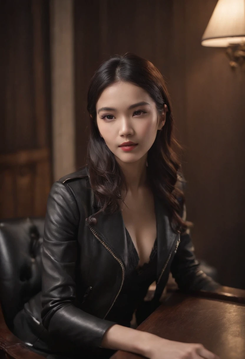 Upper body covered with black leather gloves up to the fingertips in both hands, black leather double riders jacket, slender necklace, young and cute Japanese girl with beautiful black hair, sitting on a black leather chair facing the desk in the president's room at night, sitting on a cheek stick