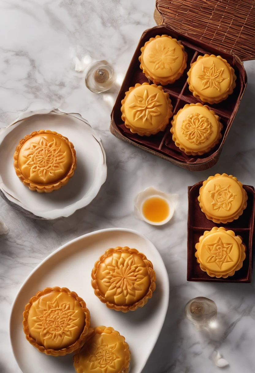 Commercial shooting, Cantonese egg yolk mooncakes, Mooncake size, poster for, Fresh style background, elegant, Booth lighting, Attractive, photorealistic colors, Ultra HD，Snowflake white marble tray