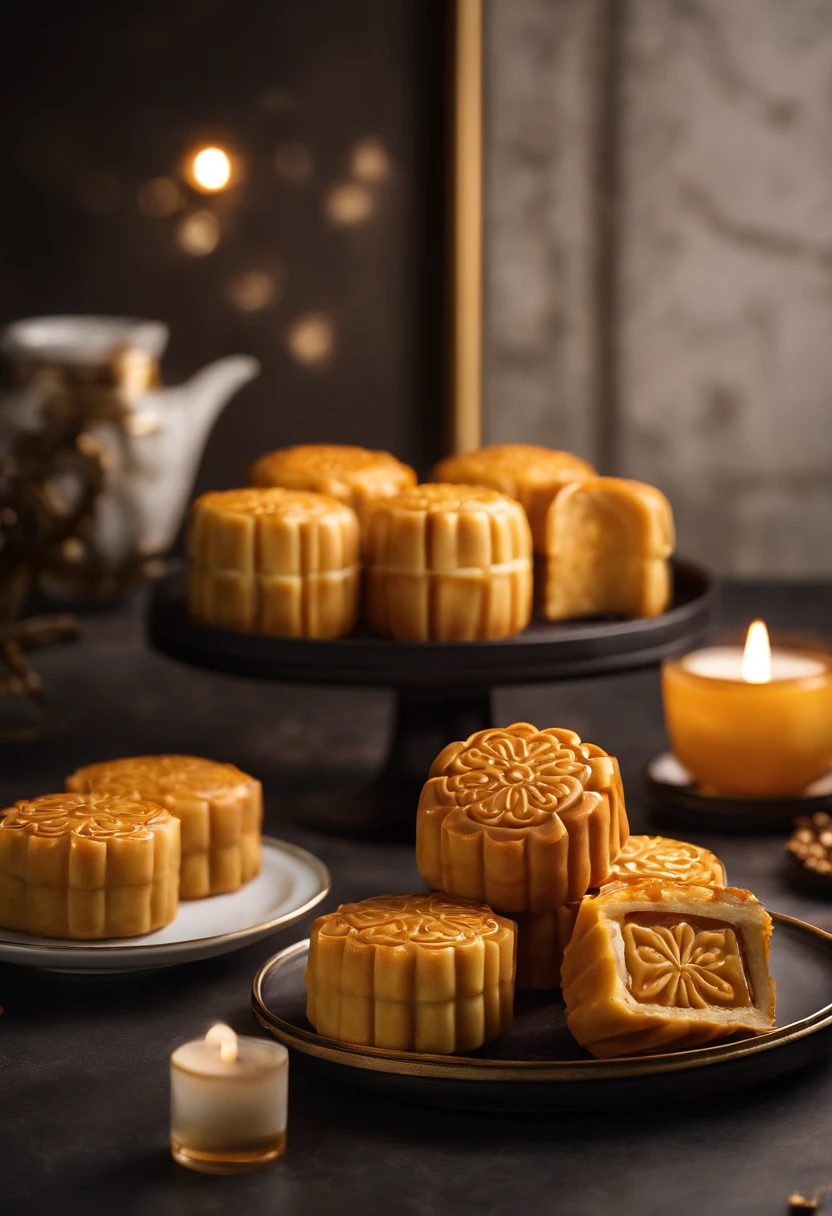 Commercial shooting, Cantonese egg yolk mooncakes, Mooncake size, poster for, Fresh style background, elegant, Booth lighting, Attractive, photorealistic colors, Ultra HD，Snowflake white marble tray