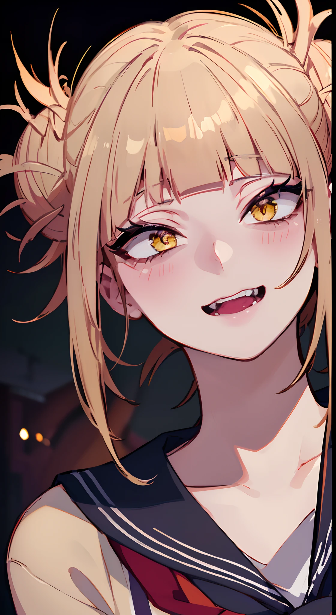 (best quality,4k,8k,Alto,master part:1.2), ultra-detalhado, (Realistic,fotorrealista,photo-realistic:1.37), Toga Himiko, flirting expression, menacingly, Sorriso psico, contato visual intenso, beco escuro, sangue nela, good lighting, Retrato, cores vibrantes, atmosfera mal-humorada.