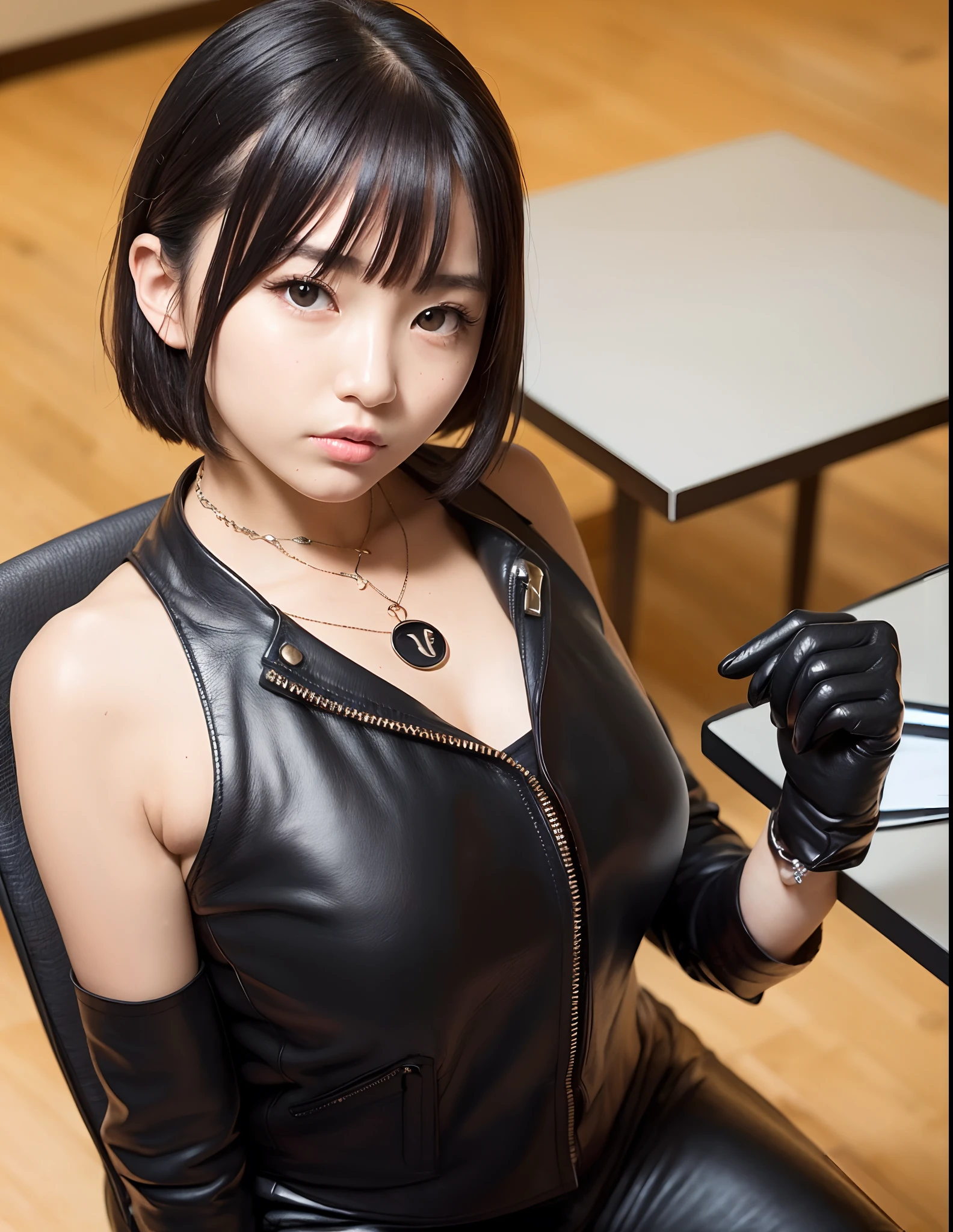 Wearing black leather gloves up to the fingertips in both hands, upper body, black leather double riders jacket, slender necklace, young and cute Japanese girl with beautiful black hair, sitting on a black leather chair facing the desk in the boss's empty room at night, aligning both hands with black leather gloves on the desk