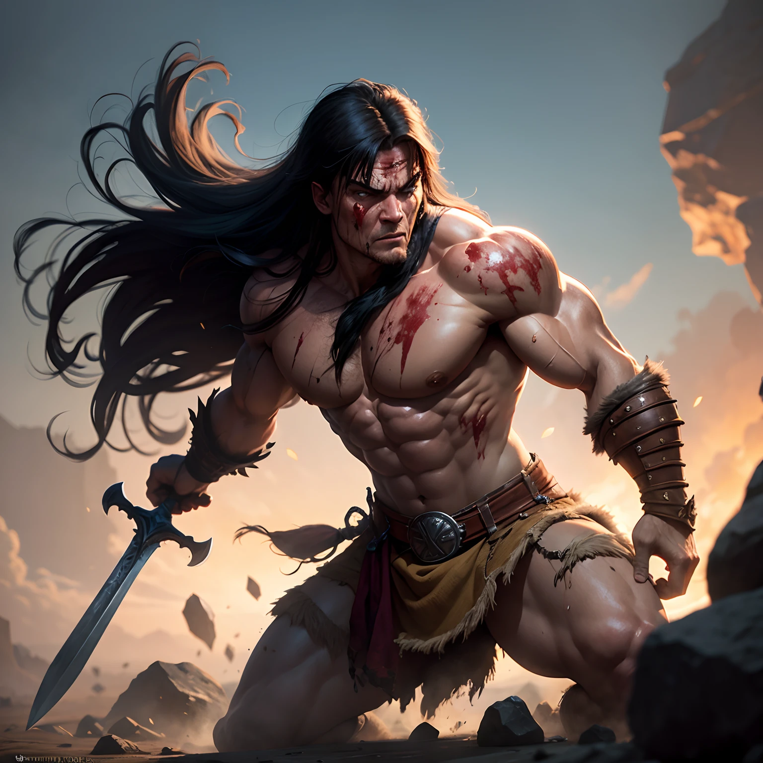 Conan-style barbarian ultra details with sword in hand standing looking at me bloodied in battle