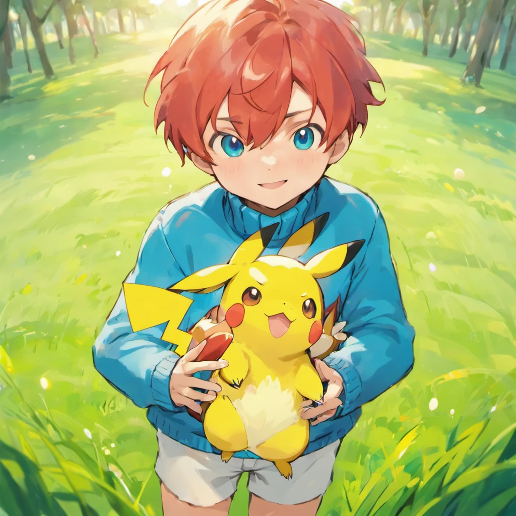 Hi-Res, 1 boy, 独奏,Holding a Pikachu in Your Hands, grey eyes, red hair, blue knitted turtleneck with long sleeves, White shorts, a belt, Grassy, deph of field, The best smile, Have a Poké Ball, put hands on the hip