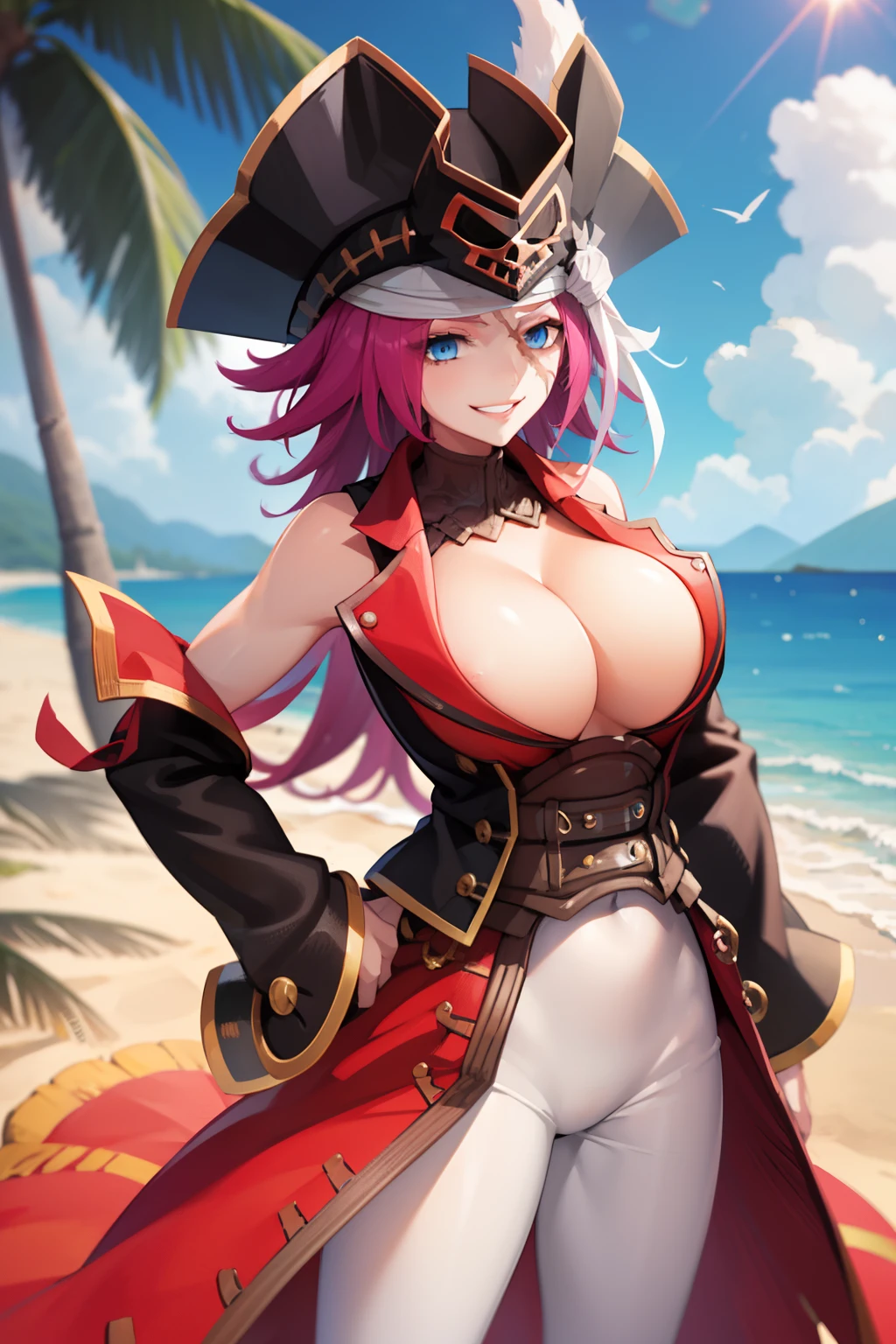 1girl, fdstg2, scar, blue eyes, pirate hat, sleeveless coat, cleavage, large breasts, long hair, pink hair, red coat, smile, beach background, sand, blue sky, sun,grin