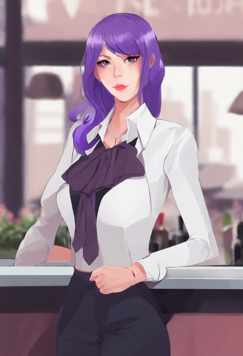 1girll, Solo, bangs, Blush, hand on her own chest, Jill Stingray, Long sleeves, view the viewer, Purple hair, Medium breasts, tiese, shirt, Solo, Upper body, vest, Bartender, vest, White shirt,