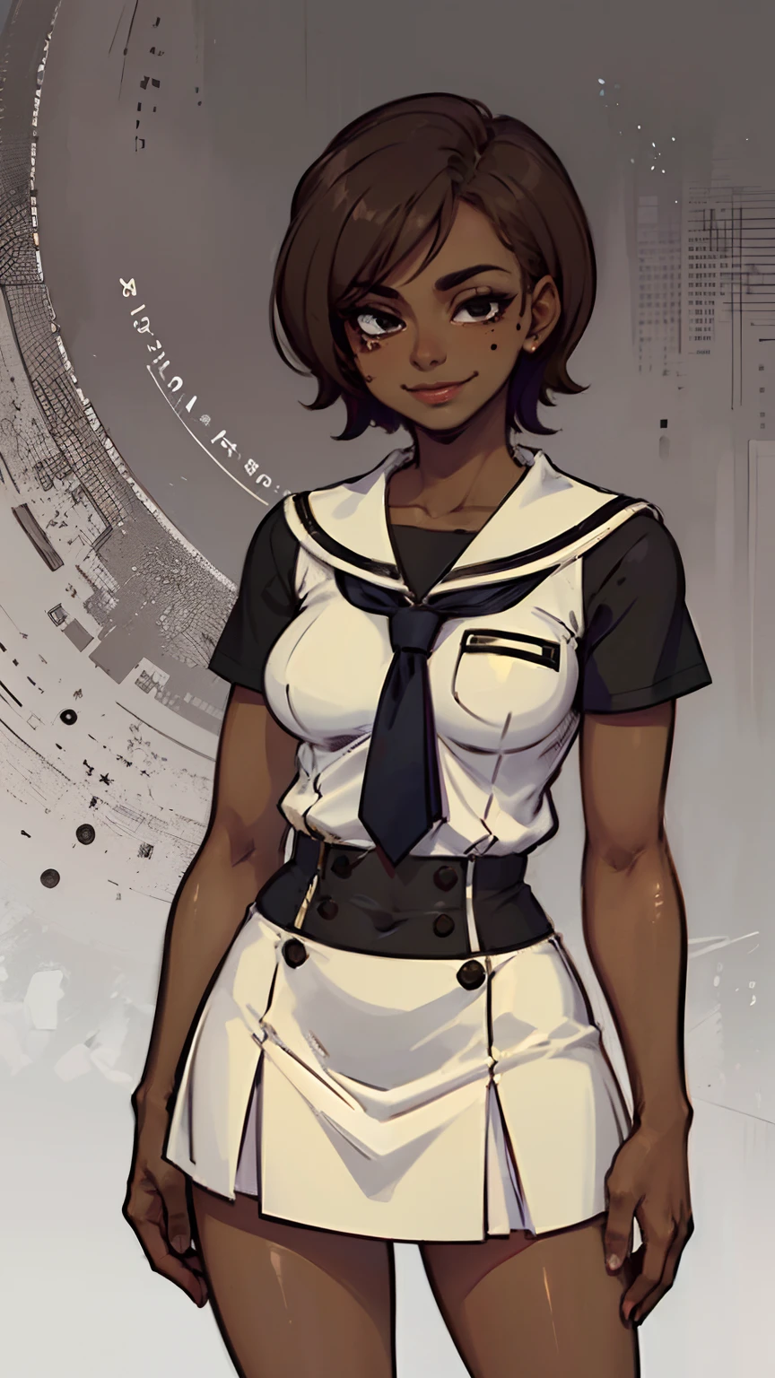 1 girl, (dark brown skin tone:1.4), very short hair, black eyes colour, mole down the right eye, School girl outfit, Evil smirk, dominant aura, (high quality, masterpiece, extremely detailed:1.2), (Realistic, photorealistic:1.2)