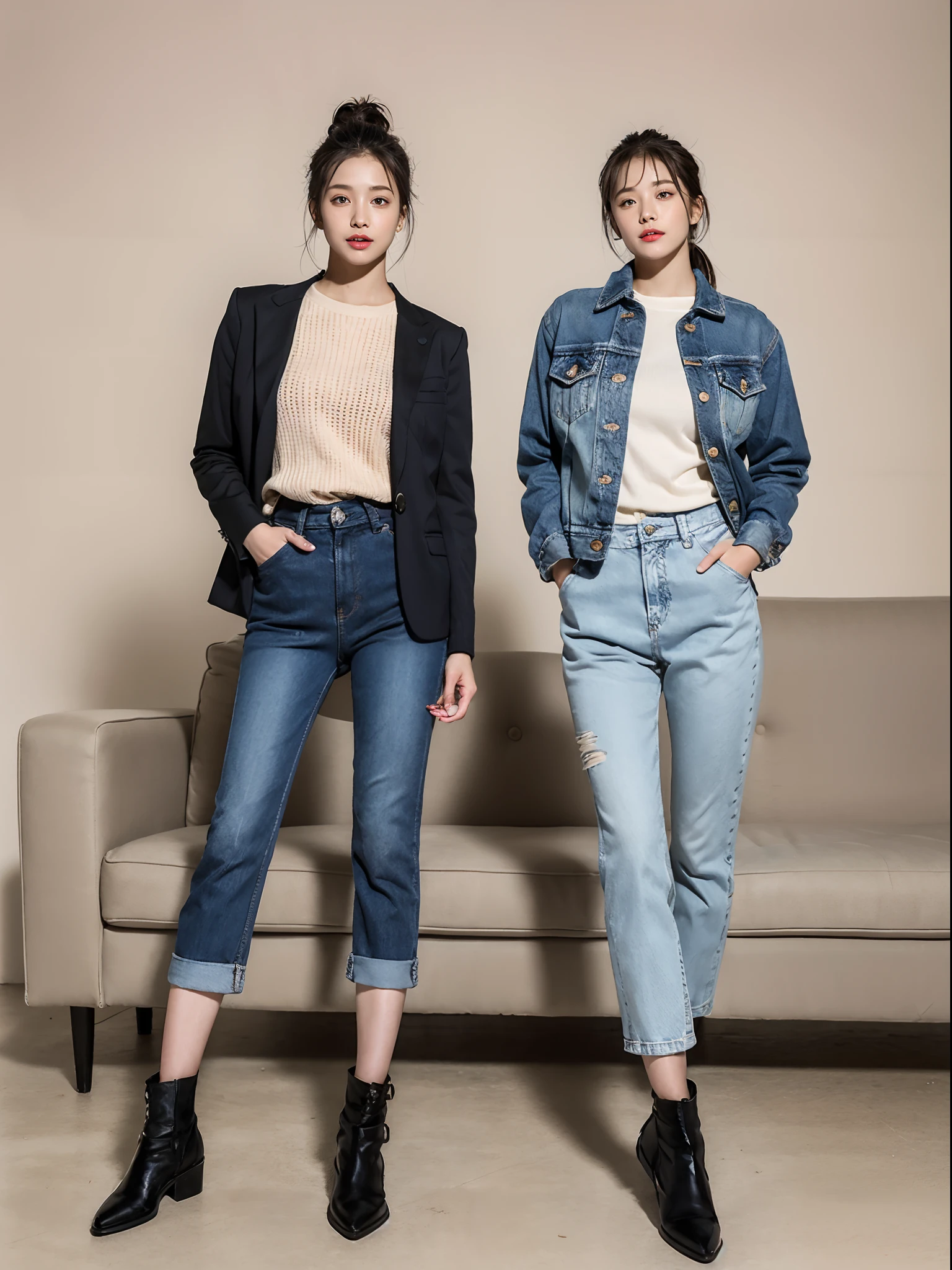 (RAW photo:1.2), (Photorealistic:1.4),Beautiful detailed woman,very detailed eyes and faces, A detailed eye, ultra - detailed, A high resolution, The is very detailed,best qualtiy,illustratio,unified,8k 壁纸,tmasterpiece,best qualtiy,A woman who is,Delicate woman,Short coat,full bodyesbian,standing on your feet,Casual pose,wearing a denim pants,long trousers,Miniature horn,Long legs,Booties,Sofa and lamp,photo of slim girl, Nice looking boots