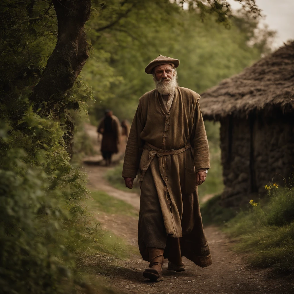 ((masterpiece)), (top quality), (best quality), Village, huts made of stone walls and thatched roofs, old trees, small river, people in long robes and tunics, medieval